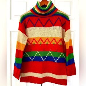 70s Sweater Rainbow Striped Turtleneck Vintage Knitmakers Size S